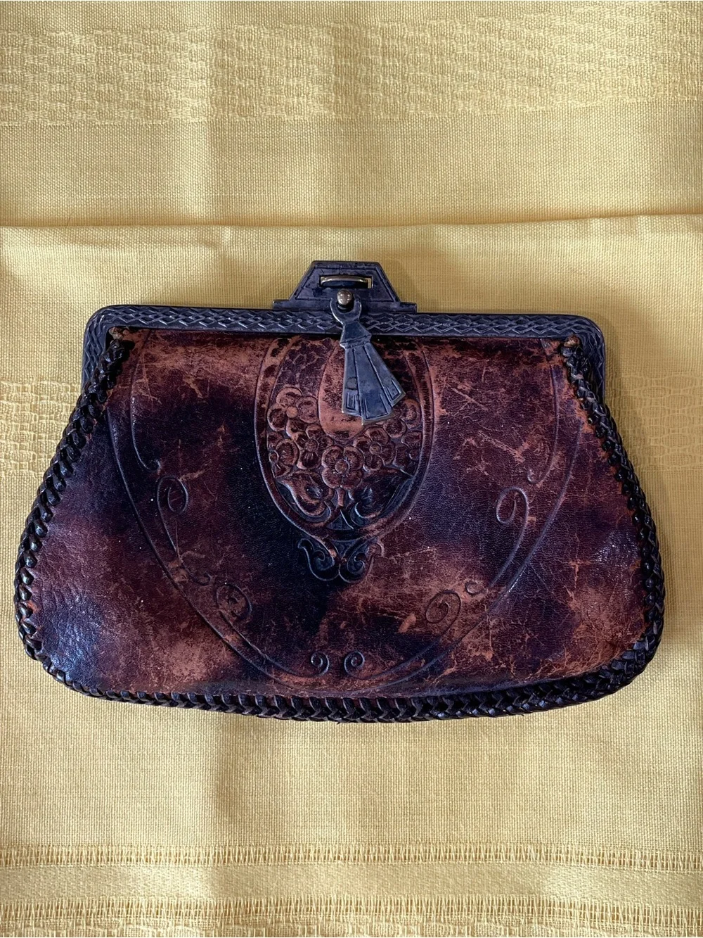Rare! 1920’s Art Nouveau Hand Tooled Leather Purse/Clasp Bag